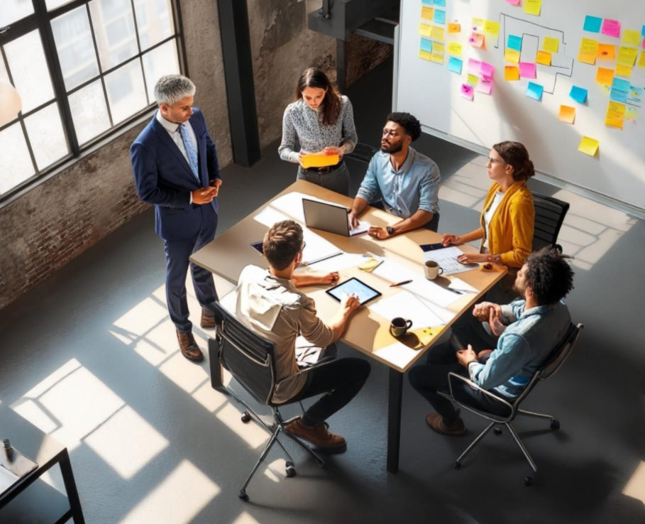 Mensch mit Einfluss der mit seinen Kollegen an der Entwicklung ihrer Organisation arbeitet